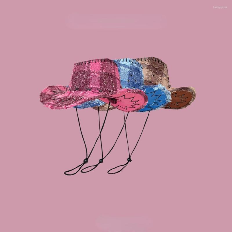

Berets Sweet Plaid Pink Cowboy Hat For Women With Chin Strap Sunhat Beach Pool Party Shapeable Jazz Cowgirl Fedoras Sombrero, Blue