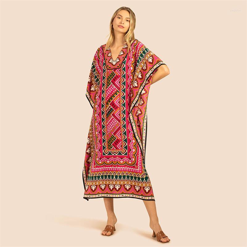 

Women's Swimwear Elegant Bohemia Print Cover-ups Women Loose Summer Vacation Beach Long Robe Female V Neck Cotton Pullover Beachwear, 2302-4