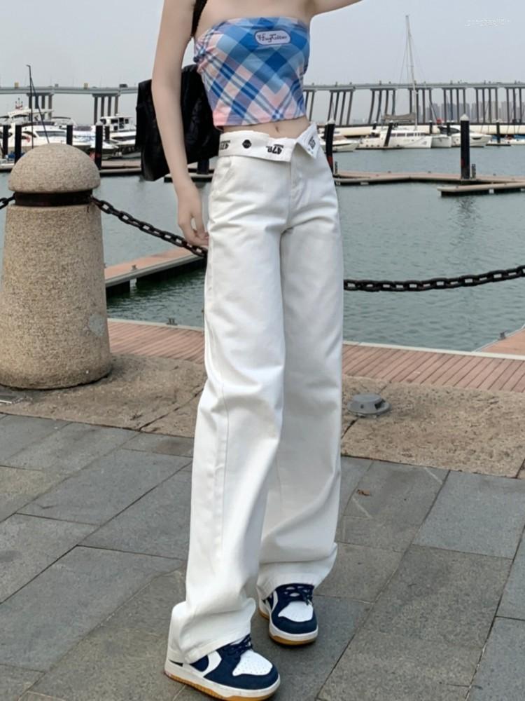 

Women's Jeans GUUZYUVIZ White Flapped Loose Wide Leg Straight Woman High Waist Black Denim Pants