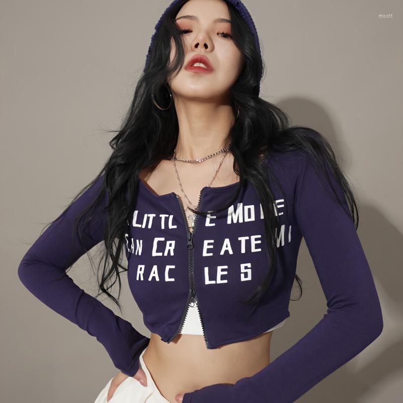 

Women's T Shirts BEENLE Blue Double Zipper Top Female Jazz Dance Crop Short Style Long Sleeve Tees Sexy Girl Tight Korean Fashion Cardigan, Black