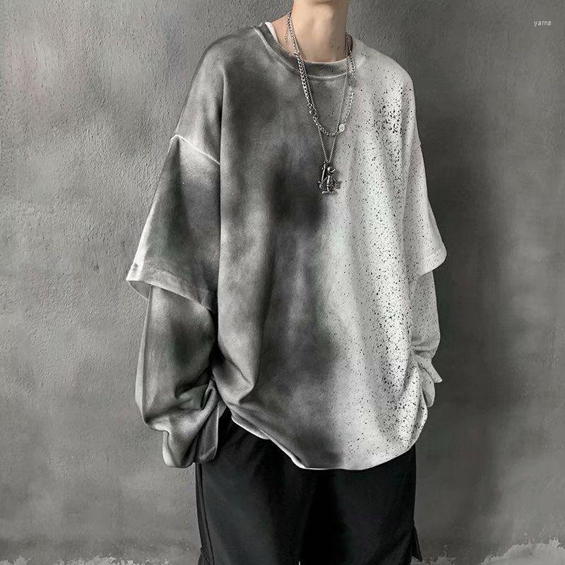

Men's T Shirts Harajuku Tie-dye T-shirt Men's Long-sleeved T-shirts Autumn Japanese Fashion High Street Loose Fake Two-piece Tshirt, White