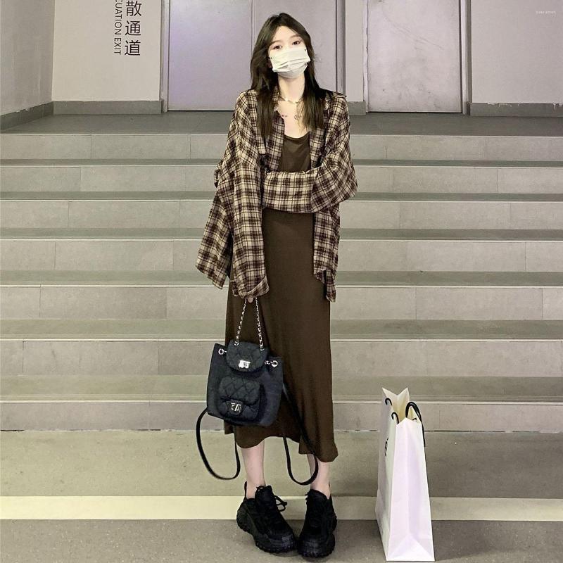 

Work Dresses 2023 Hong Kong Style Retro POLO Thin Section Long-sleeved Plaid Shirt Casual Mid-length Female Two-piece Y2K, Two pieces