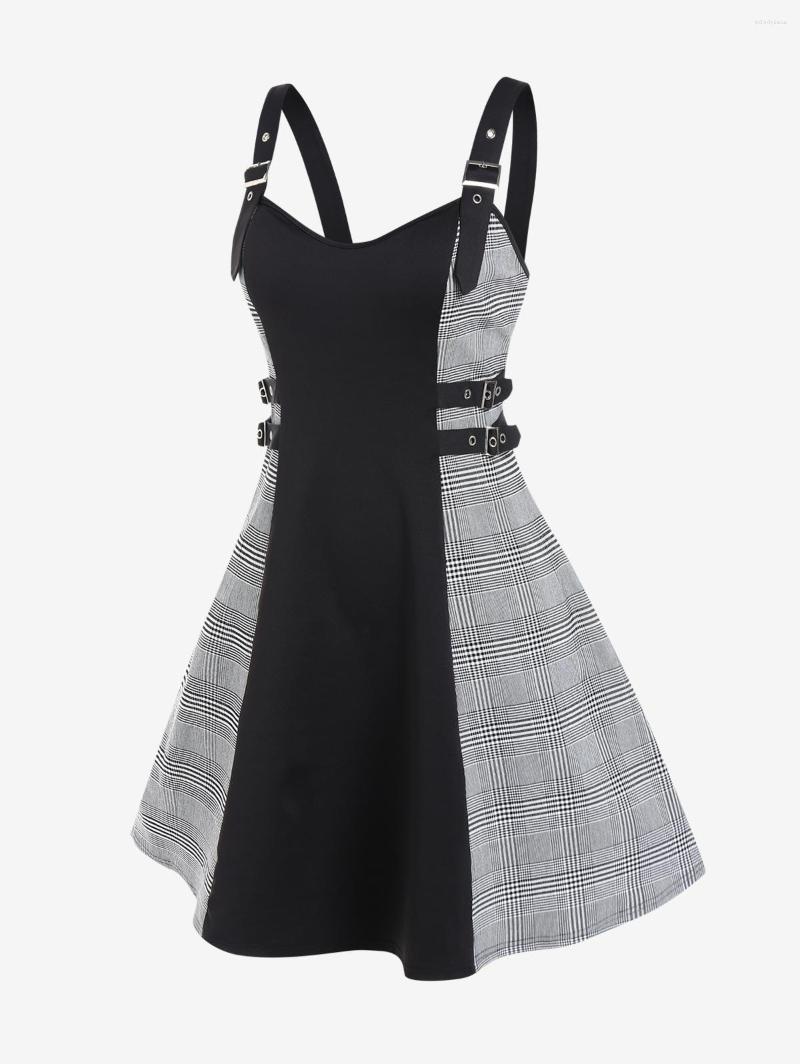 

Casual Dresses ROSEGAL Women Vintage Plaid Buckles High Waist Sleeveless Backless Knee Length Dress Adjustable Shoulder Strap Vestidos, Black