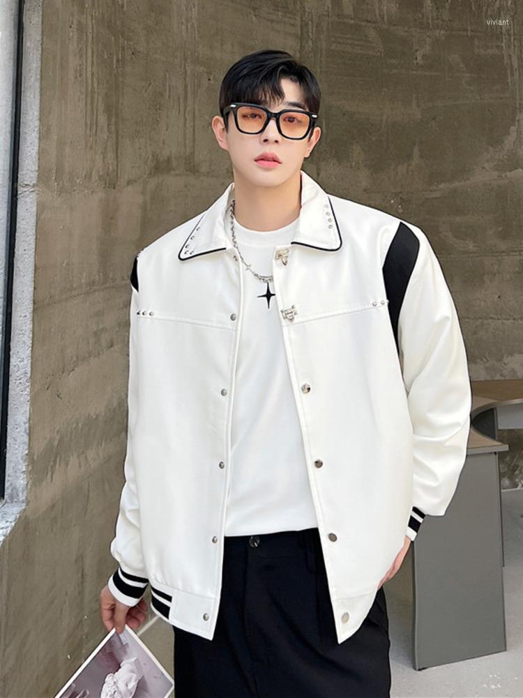 

Men's Jackets SYUHGFA Spring Fashion Men's Jacket Personality Rivet Single Breasted Contrast Color Turn-down Collar Male Coat 2023, Black