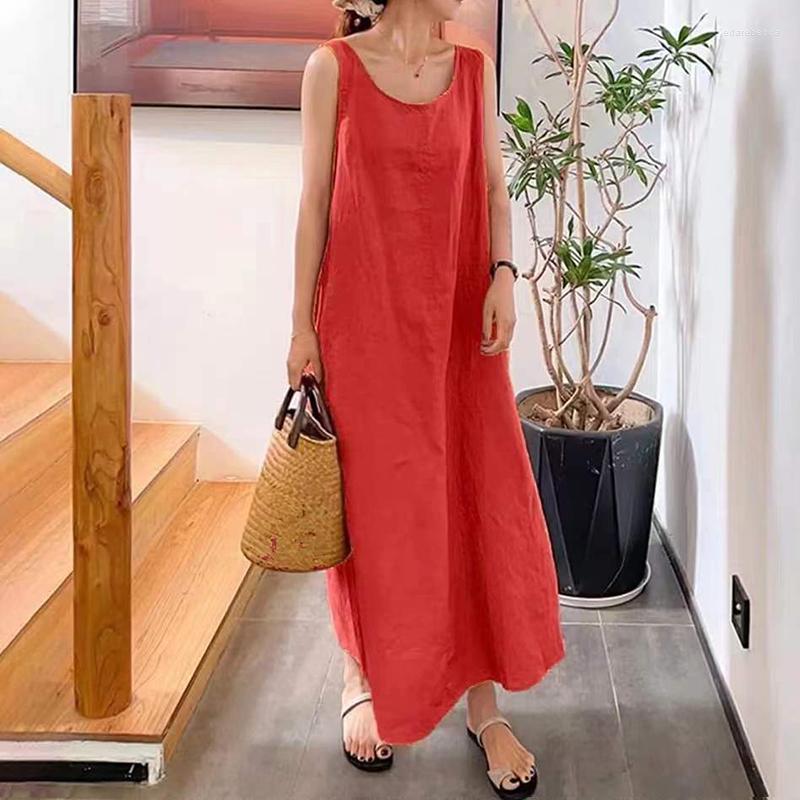 

Casual Dresses Summer Long Version Sling Cotton Linen Simple Loose Pocket Round Neck Temperament Sleeveless Dress Women For, Blue