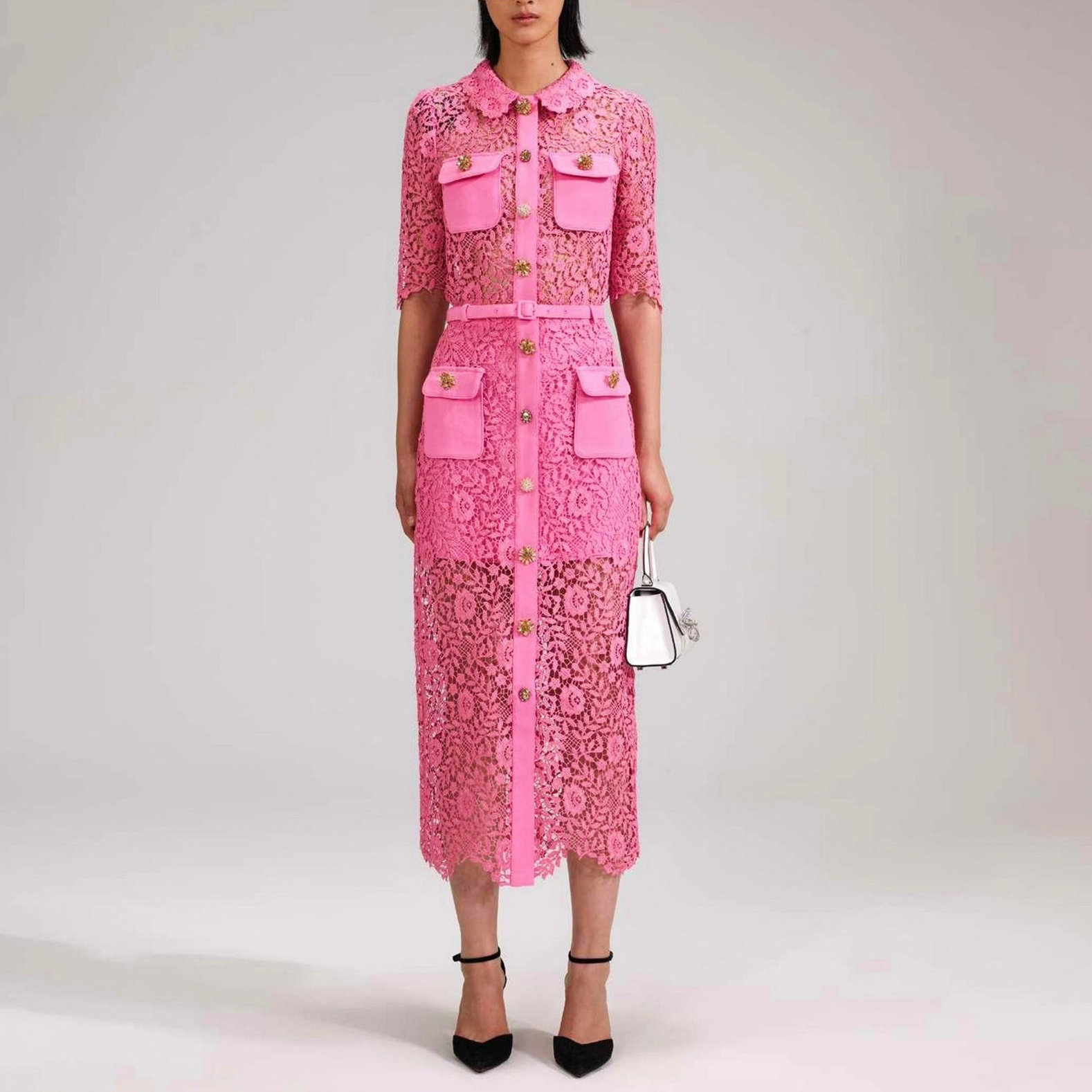 

fanncy dress lapel neck short sleeve lace hollow out gatered waist pink mid dress