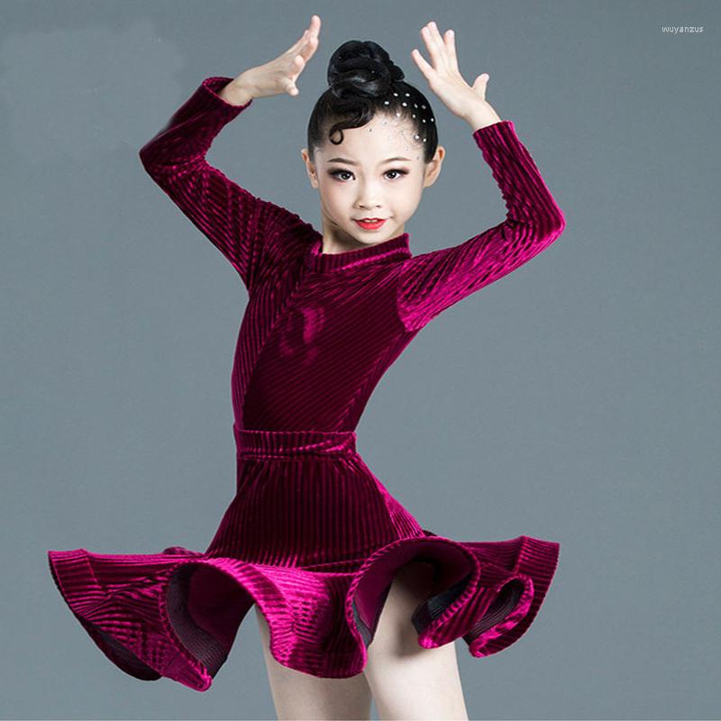 

Stage Wear Girls Latin Dance Dresses Children Autumn Winter Velvet Ballroom Competition Carnival Party Performance Practice Costume, Color4