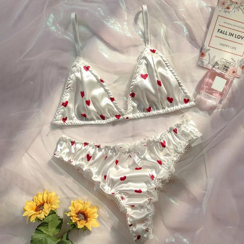 

Bras Sets Women's Erotic Lingerie Suit Heart Style Sexy Wire Free Underwear Two Piece Female White Set Pajamas Underclothes