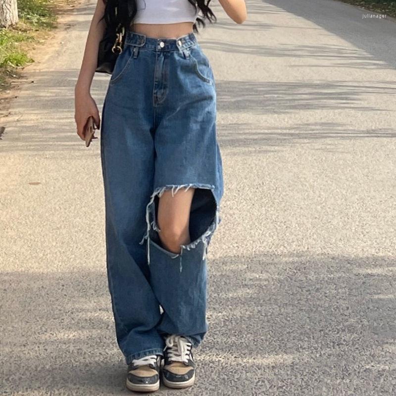 

Women's Jeans Blue Ripped High Waist Summer Solid Color Loose Straight Pants Korean Style Casual Street Wide Leg Trousers