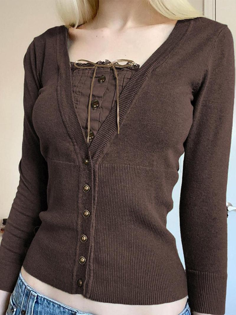 

Women' T Shirts Slim Fit Fall Tops For Casual Daily Y2K Vintage T-Shirt Crop Women Knit Long Sleeve Patchwork Button Closure, Auburn