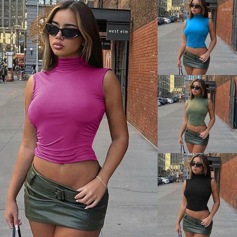 

Women's Tanks Women Summer Sleeveless High Turtleneck Skinny Crop Tank Top Sexy Cutout Backless Solid Casual Slim Fitted Bodycon Vest, Blue