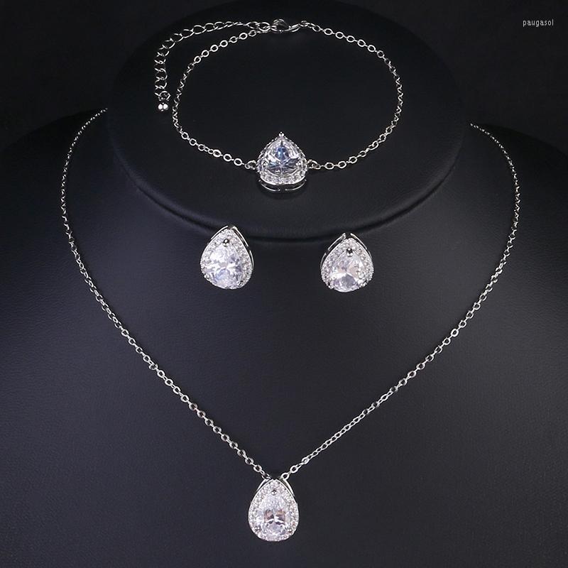 

Necklace Earrings Set RAKOL Fashion 3 Pcs Pack Water Drop Cubic Zircon Stud Higth Quality Bracelet Bridal Engagement Jewelry, Picture shown