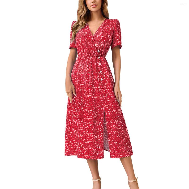 

Casual Dresses Women Boho V Neck Short Sleeved Polka Dot Button Print Dress With Waist And Hem Slits Midi Swing For, Blue
