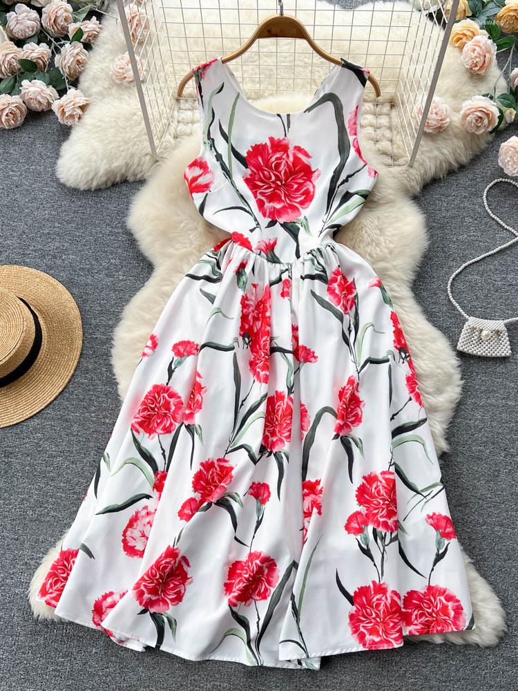

Casual Dresses Summer Rose Print Party Dress Women Sleeveless Round Neck Midlength French Vintage Ladies Elegant A-line Slim Long Robe, Pink