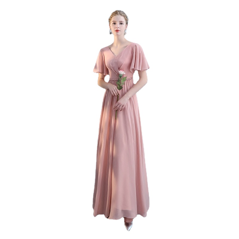 

Custom Made Long Chiffon Bridesmaid Dresses Girl Half Sleeve Wedding Guest Dress Fashion Woman Lace Up Floor Length Formal Gown