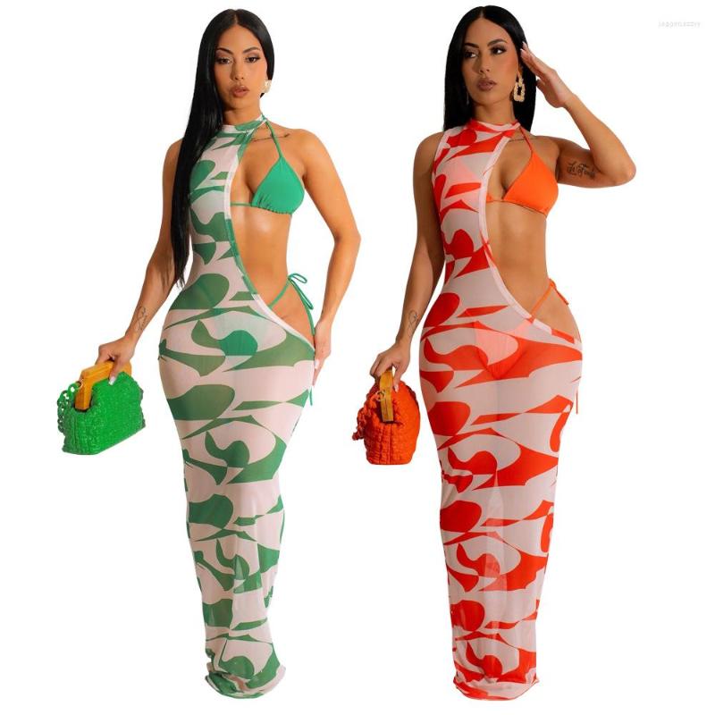 

Casual Dresses 2023 Women' Summer Fashion Digital Printing Irregular Halter Mesh Dress Three-Piece Set, Orange
