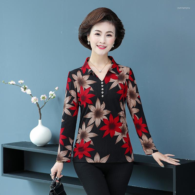 

Women's Blouses Women Spring Summer Long Sleeve Tops Female Turndown Collar Blouse Shirt Middle Aged Mother Loose Print Chic Casual