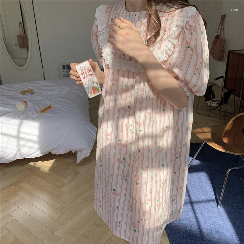 

Women's Sleepwear 2023 Summer Cherry Print Short Sleeve Princess Home Wear Women Sleeping Dress Knee-Length Striped Nightgowns, A01