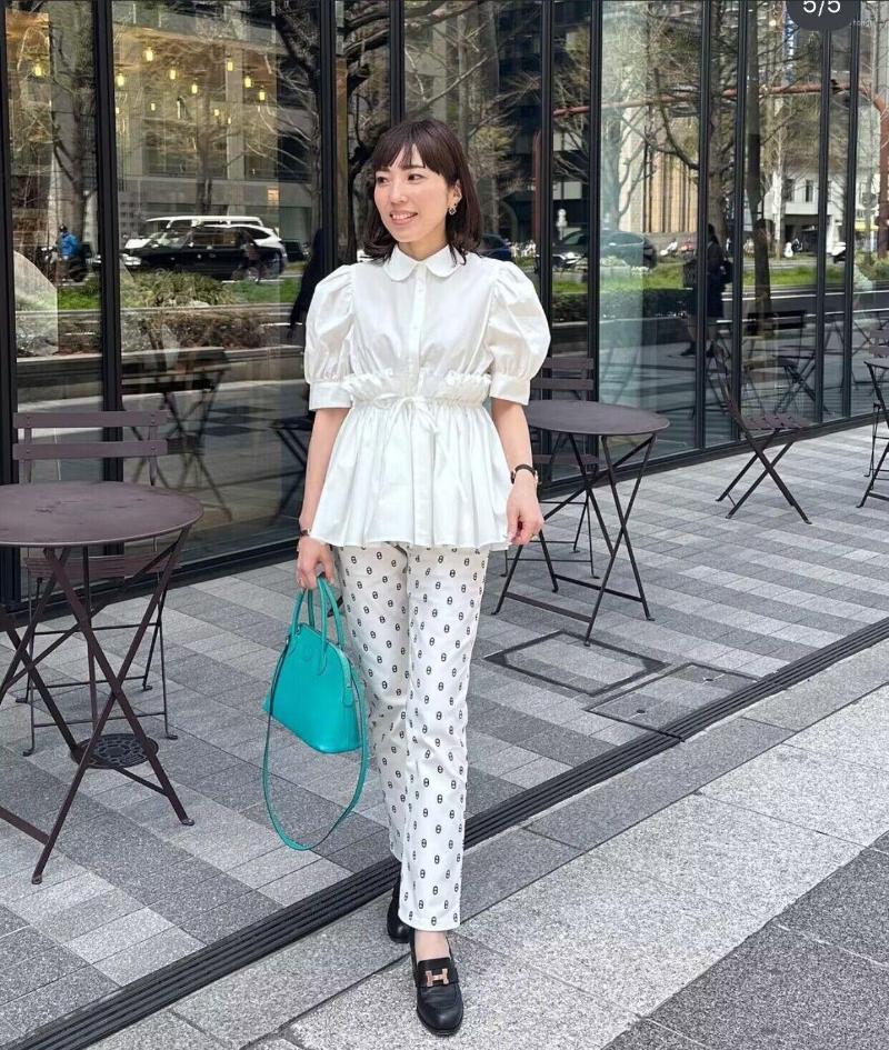 

Women' Blouses 2023 Summer Puff Sleeve Doll Collar Shirt, White