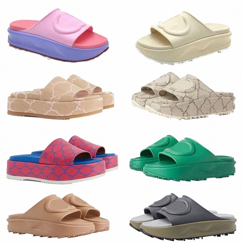 

2023 Platform Designer Slippers Women Thick Bottom Sandals Lady Fashion Embroidered Printed Canvas Wedge Rainbows Sandal Middle Heel Rubber Beach Rubber Slide, 28