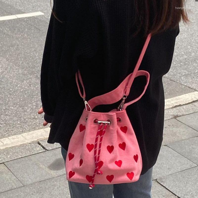 

Evening Bags Strawberry Pattern Bucket Crossbody Bag For Women Cute Pink Heart Shoulder Designer Y2k Korean Style Gothic Handbags 2023
