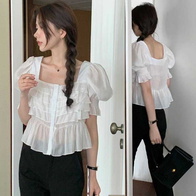 

Summer Younger Shirt Wooden Ear Cake Layer Design Square Collar Slightly, White
