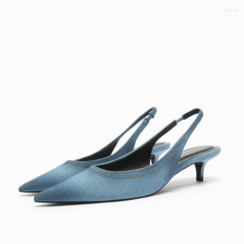 

Sandals 2023 TRAF Blue Denim Slingback Pumps For Women Pointed Toe Kitten Heel Summer Heeled Heels Basic Office Lady Stiletto, Sky blue