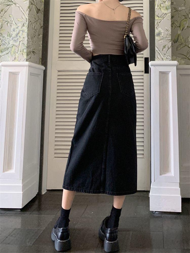 

Skirts 2023 Women Denim Retro Washed High Waist Streetwear Vintage All-match Front-slit Design Chic Female Student Mid-, Beige