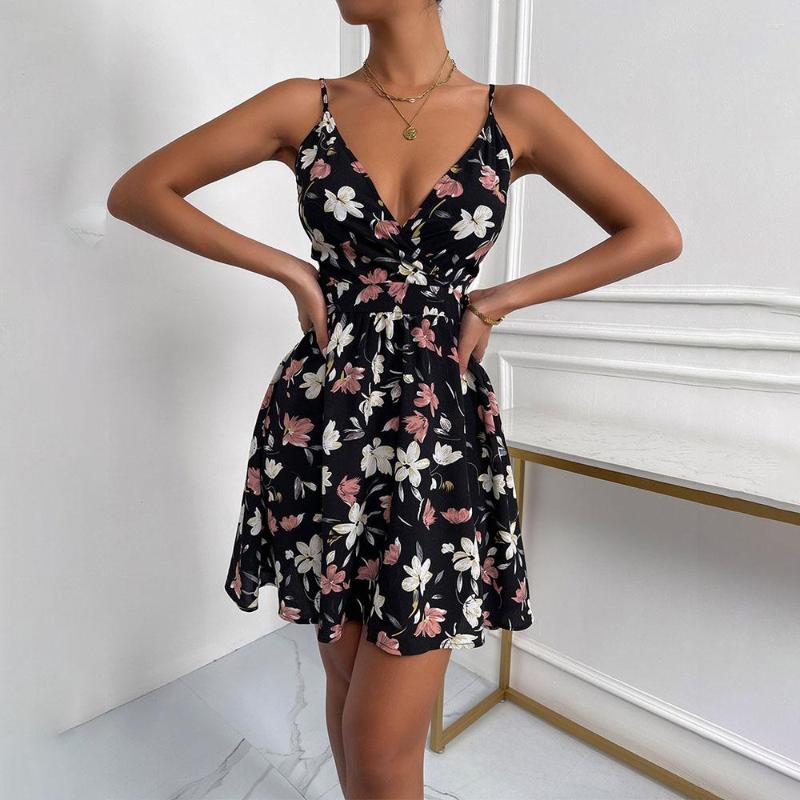 

Casual Dresses Summer Print Women 2023 Fashion Sleeveless Spaghetti Straps Sexy Backless Party Black Mid Length Dress
