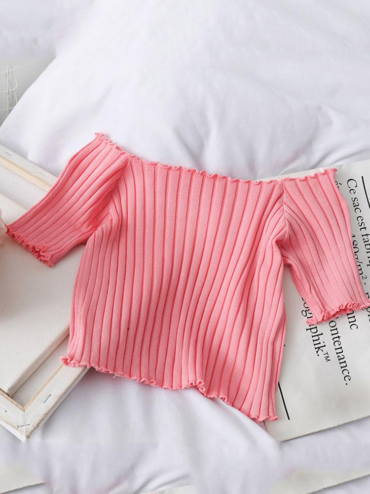 

Women's T Shirts Women T-shirt Off Shoulder Knitting Crop Tops Fashion Solid Short Sleeve Skinny T-shirts 2023 Summer, Black