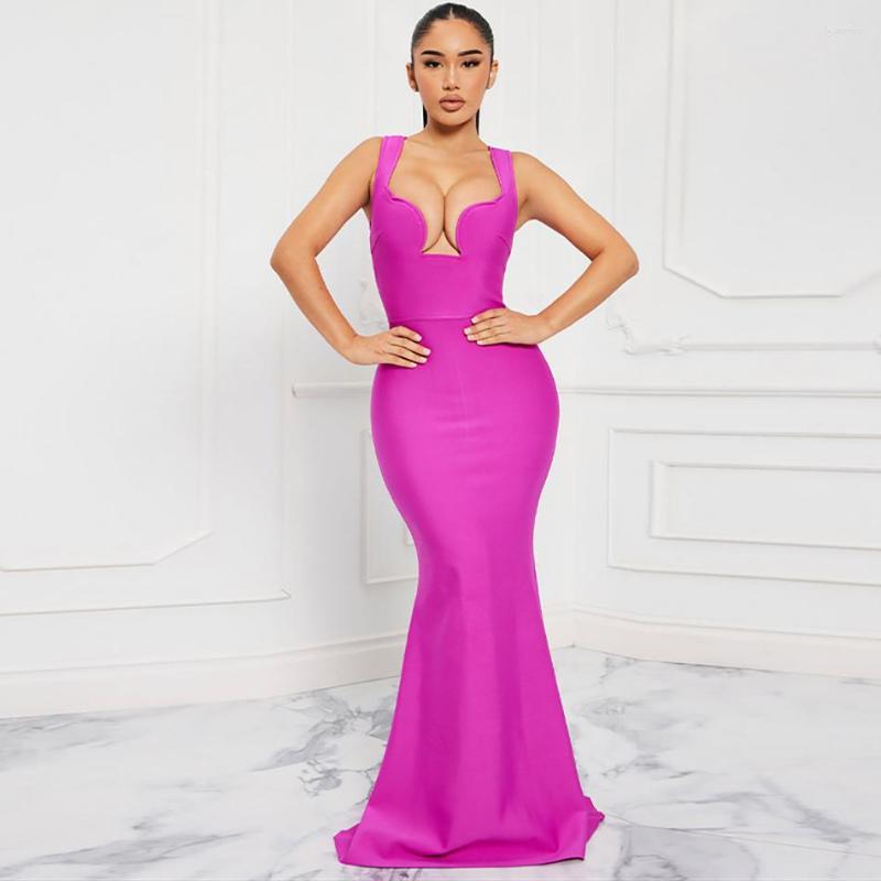 

Casual Dresses Rose Red U-neck Brace Slim Bandage Dress Long Skirt Party Toast Foreign