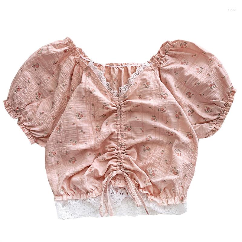 

Women' Blouses Cute Stitching Lace Design Drawstring Sweet Flower V-neck Slim Short Section Puff Sleeve Shirt, Pink