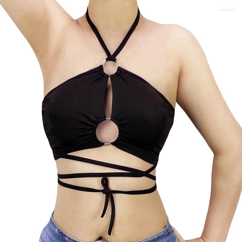 

Women' Tanks Kayotuas Women Short Crop Tops Hollow Out Bandage Tie-Up Black White Slim Halter Clubwear Vest Camisole
