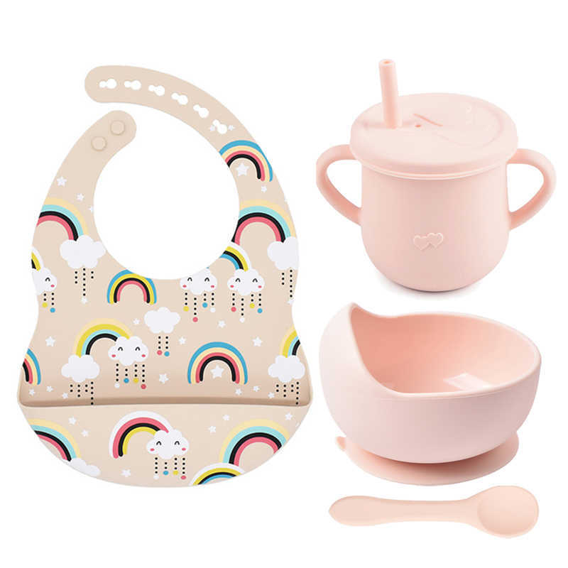 

Cups Dishes Utensils 4Pcs Baby Silicone Bowl Bib Cup Spoon Set Waterproof Heart Printing Bib Food Grade Non-Silp Suction Bowl Feeding Dinnerware AA230413