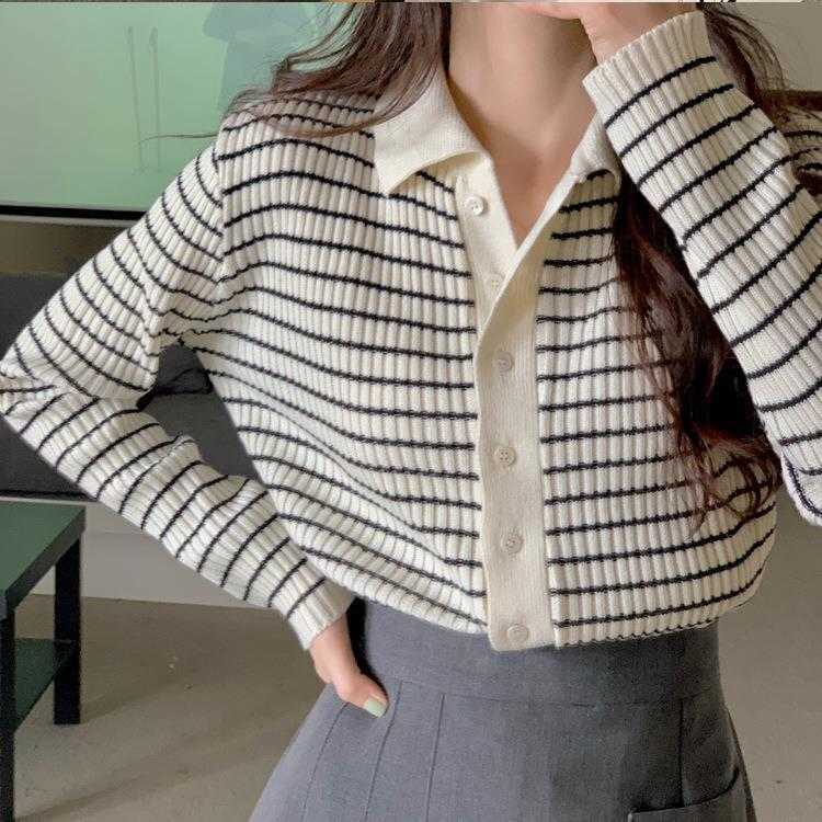 

Polo Collar Striped Sweater For Women Autumn Casual Single Breasted Long Sleeve, Pink yellow stripe