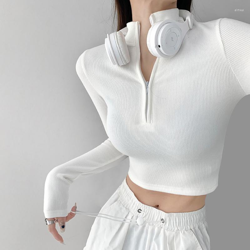 

Women's T Shirts SABINAX Cool American Spice Girl Half High Neck Zipper Leggings Woman T-shirt Short Slimming Long Sleeve Crop Top, Dark grey