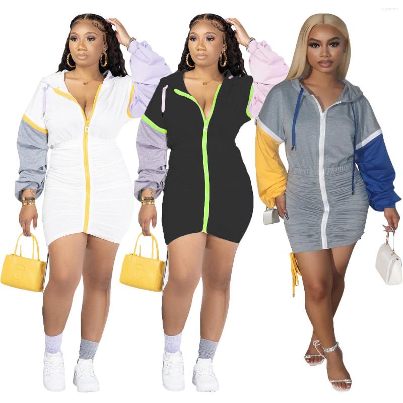 

Casual Dresses 2023 Summer Hooded Zipper Color Contrast Patchwork Long Sleeve Elastic Waist And Comfortable Dress Slim Fit Sheath, Black