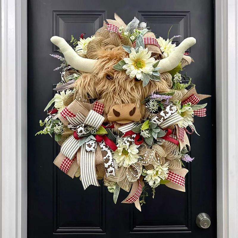 

Decorative Flowers Battery Christmas Wreath Cow Front Door Wall Hanging Handmade Home Farmhouse Decoration Bows For Kitchen, Brown