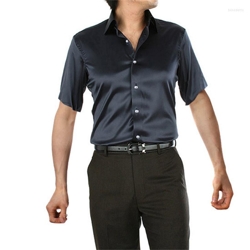 

Men's Dress Shirts Men Short Shirt Fashion Korea Silk Satin Mens Sleeve Camisa Hombre Couples Wedding Imitation Tops, Green
