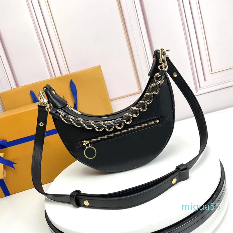 

Loop Baguette Crossbody Bag Croissant Chain Shoulder Bags Calfskin Genuine Leather Half Moon Handbag Purse Embossed Letters Old Flower Fashion Circle Zip Pouch, Blue