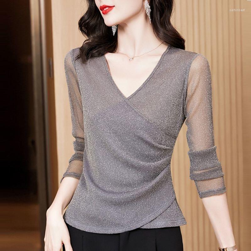 

Women's Blouses Woman Spring Autumn Style Lace Shirts Lady Casual Long Sleeve V-Neck Solid Color Blusas Tops DD9500, Gray