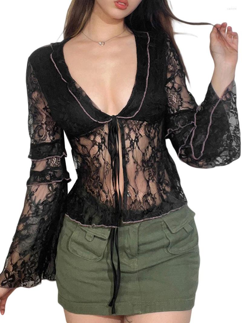 

Women' T Shirts Women Floral Lace T-Shirts See-Through V-Neck Tie-Up Front Long Sleeve T-Shirt Ladies Casual Slim Fit Tops Streetwear, Black