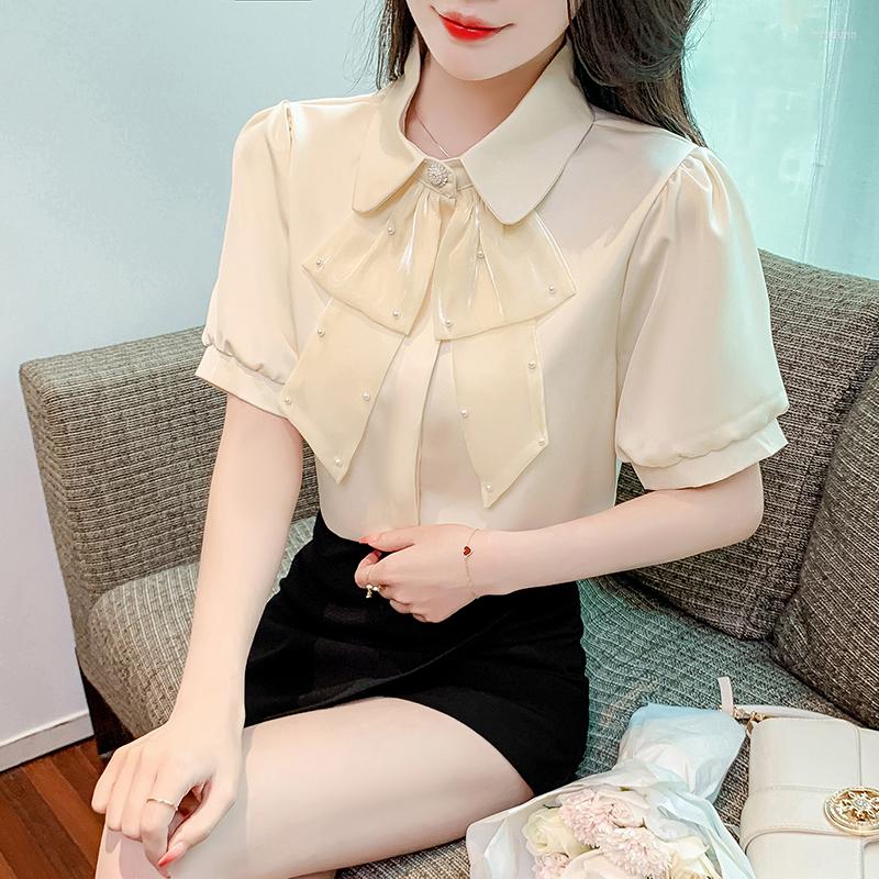 

Women' Blouses Satin Shirt For Women Summer 2023 In Solid Casual Slim Fashion Bubble Short Sleeve Bow Top Turn-down Collar, Beige
