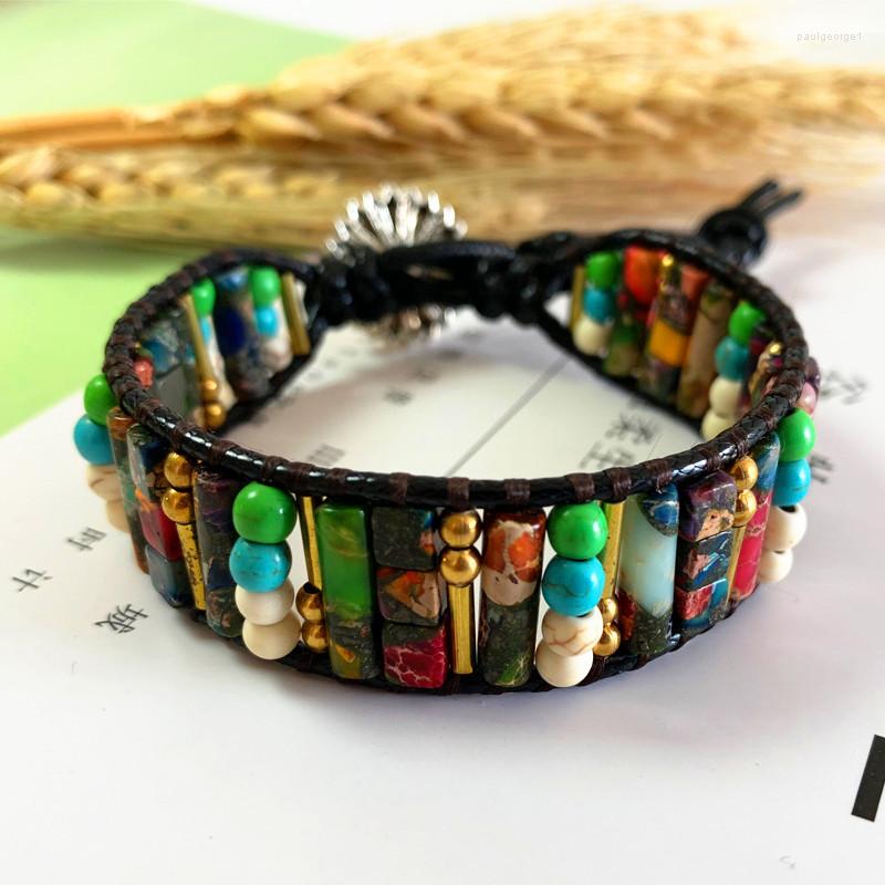 

Strand Boho Bracelet Tube Shape Natural Stones Single Leather Wrap Semi Precious Stone Beaded Cuff Women Dropshpip