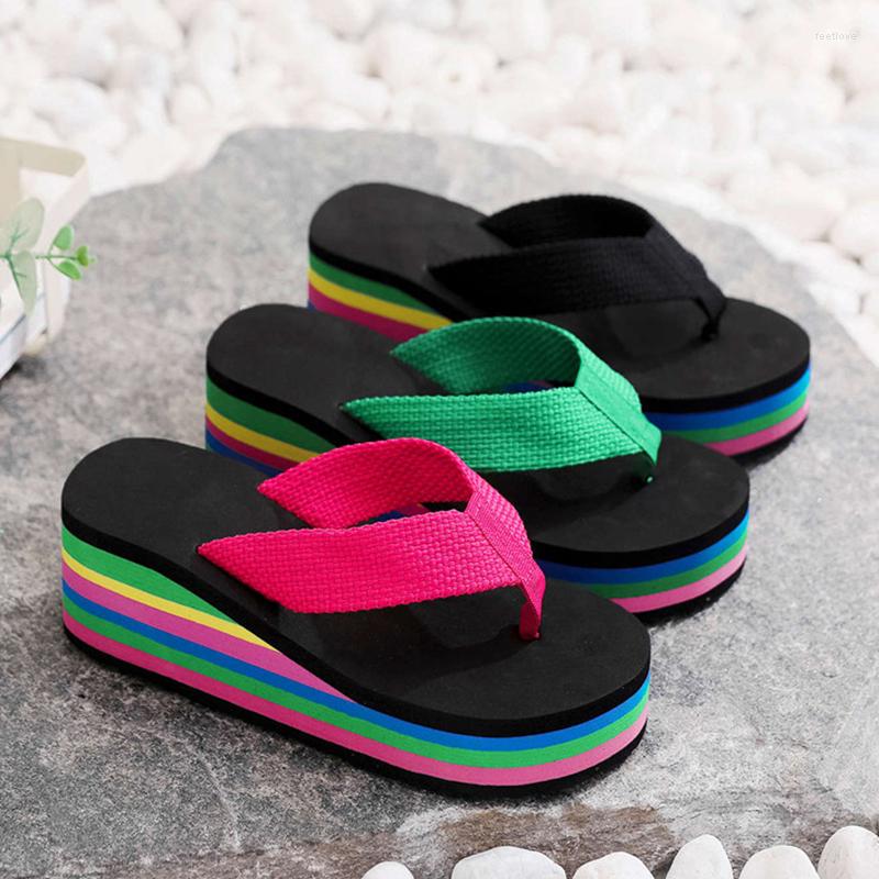 

Slippers 2023 Fashion Women's Beach Flip Flops Casual Thick Platform Slip Resistant High Heels Rainbow Summer Outside Large Size, Black