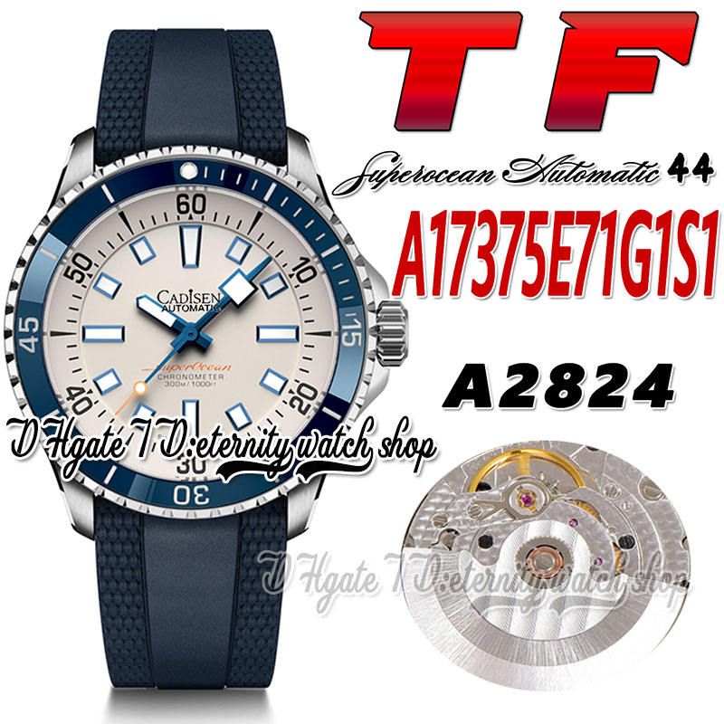 

TF Superocean 44 ETA A2824 Automatic Mens Watch A17375E71G1S1 Blue Ceramic Bezel White Dial Stick Markers Steel Case Rubber Strap Super Edition eternity Watches, Watch waterproof production cost