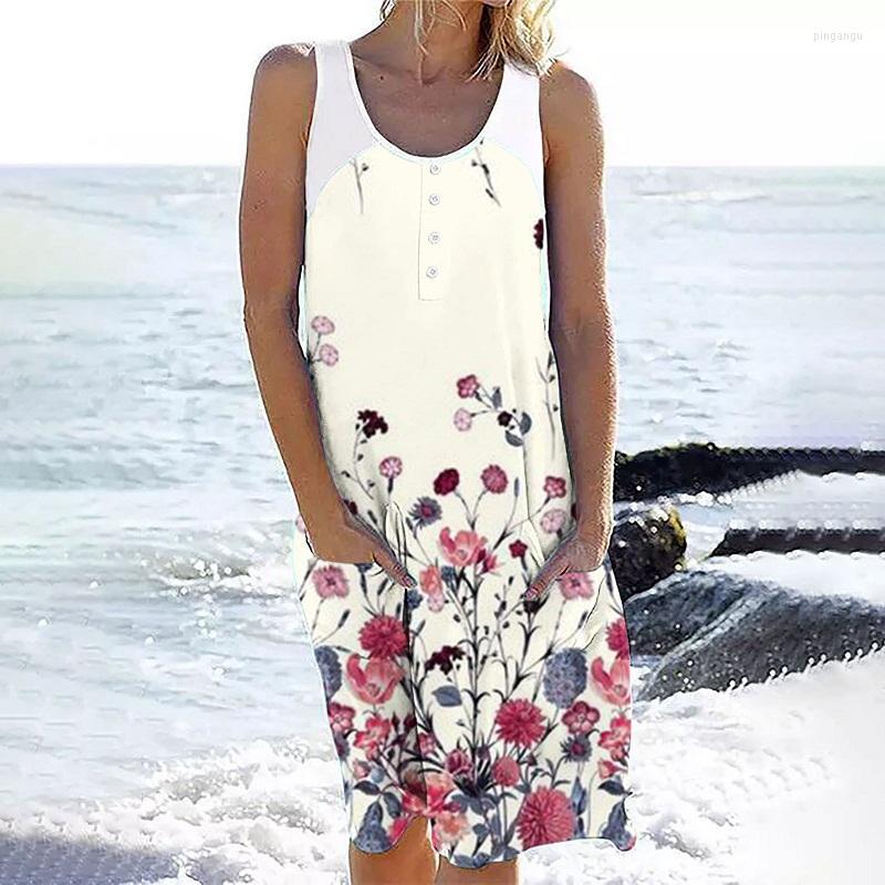 

Casual Dresses Sexy O Neck Button Sleeveless A-line Dress Women Vintage Loose Bohemian Tank Beach Floral Print Pocket Mujer, 02 lake green