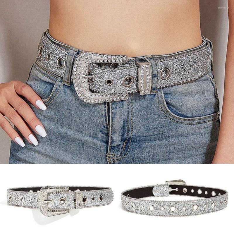 

Belts Women Adjustable Studded Cowgirl Waistband Rhinestone Belt PU Leather Bling Crystal, Silver