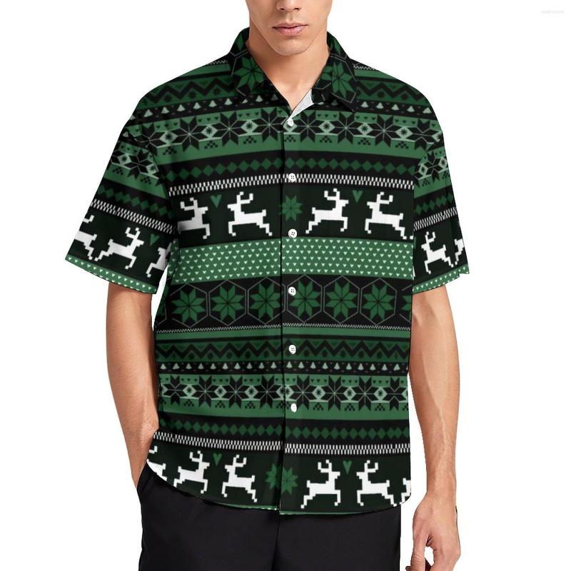 

Men's Casual Shirts Nordic Christmas Print Loose Shirt Beach Green Fair Isle Hawaiian Custom Short Sleeve Streetwear Oversized Blouses, Style-17