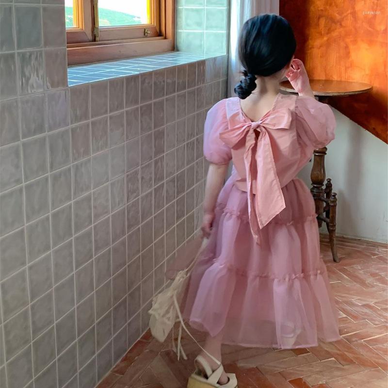

Clothing Sets Children's Dress 2023 Summer Girls Korean Two Piece Set Lace Up Bow Princess Yarn Dresses For Birthday/party Kids Clothes, Pink dress